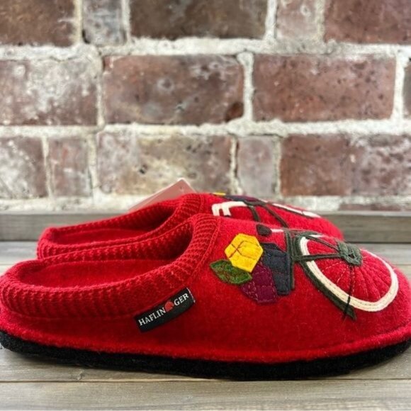 Haflinger Red Bicycle Soft Wool Slippers Sz 36 US 5.5 NEW In BOX - Picture 3 of 10